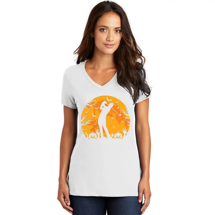 Golfing Halloween Golfer Pumpkin Spooky Golf Halloween Women's V-Neck T-Shirt