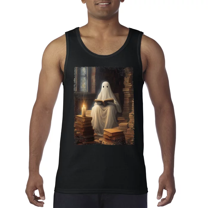 Gothic Halloween Ghost Reading Book Window Dark Academia Tank Top