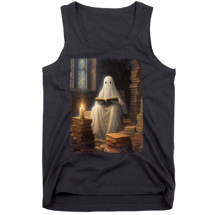 Gothic Halloween Ghost Reading Book Window Dark Academia Tank Top