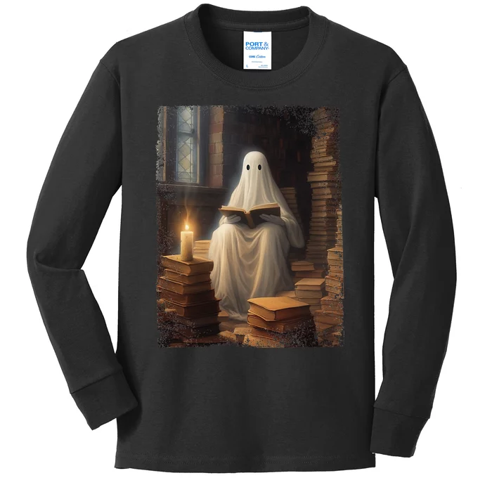 Gothic Halloween Ghost Reading Book Window Dark Academia Kids Long Sleeve Shirt