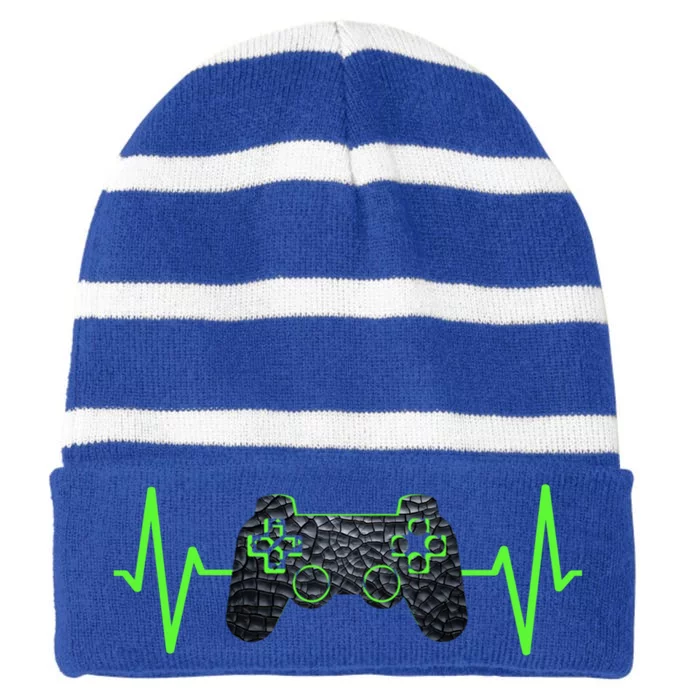 Gamer Heartbeat Gaming Video Games Ns Gift Striped Beanie with Solid Band