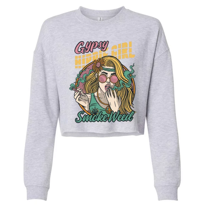 Gypsy Hippie Girl Smoke Weed Retro Cropped Pullover Crew