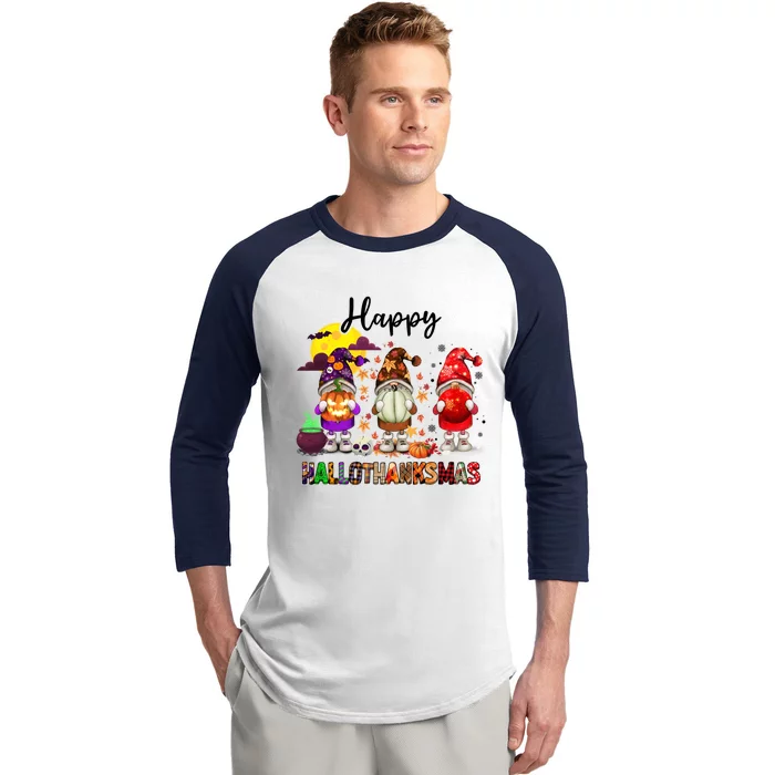 Gnomes Happy Hallothanksmas Halloween Thanksgiving Christmas Gift Baseball Sleeve Shirt