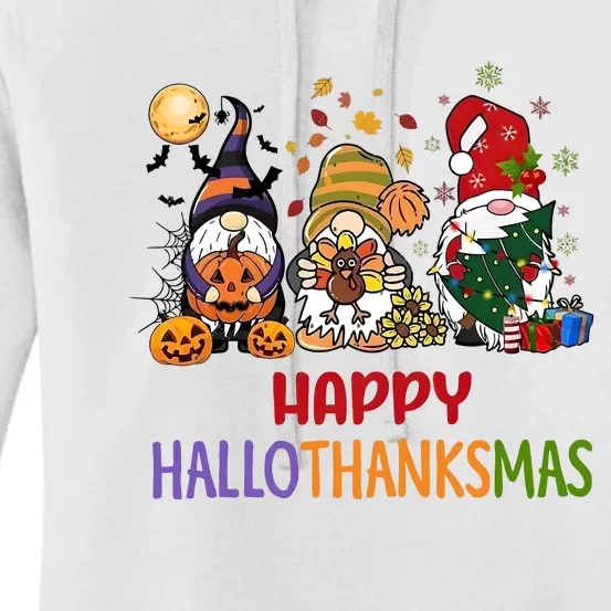 Gnomes Happy Hallothanksmas Halloween Thanksgivng Christmas Women's Pullover Hoodie