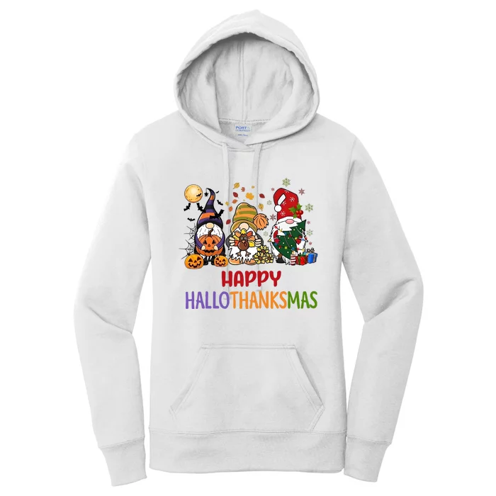 Gnomes Happy Hallothanksmas Halloween Thanksgivng Christmas Women's Pullover Hoodie