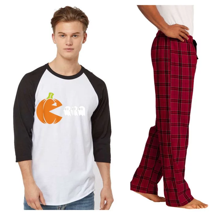 Gamer Humorous Halloween Pumpkin Eating Ghost Raglan Sleeve Pajama Set