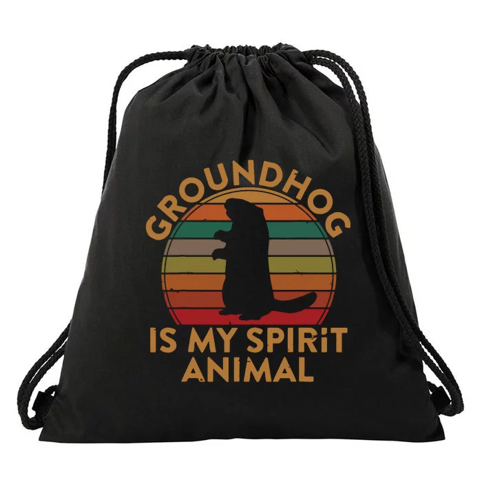 Ground Hog Is My Spirit Animal Gift Silhouette Groundhog Day Drawstring Bag