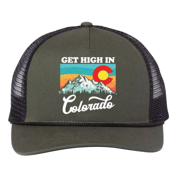 Get High In Colorado Retro State Flag Mountains Graphic Retro Rope Trucker Hat Cap