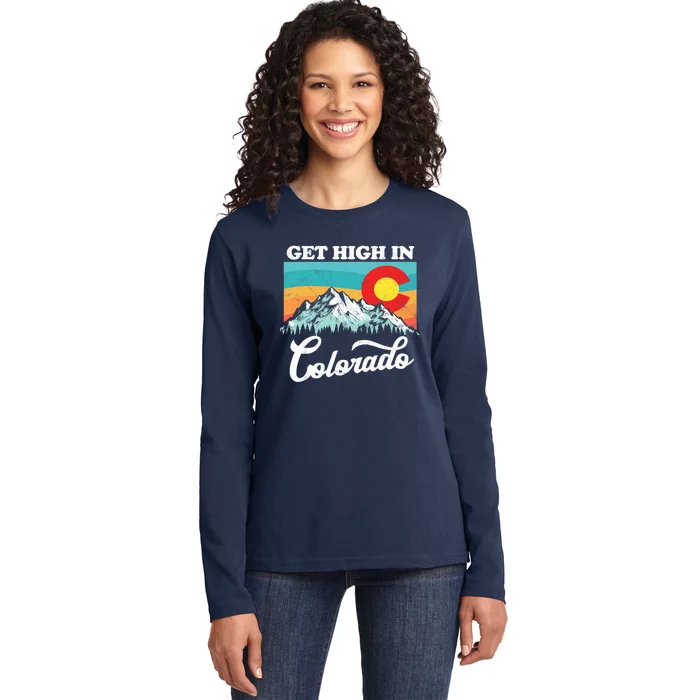 Get High In Colorado Retro State Flag Mountains Graphic Ladies Long Sleeve Shirt