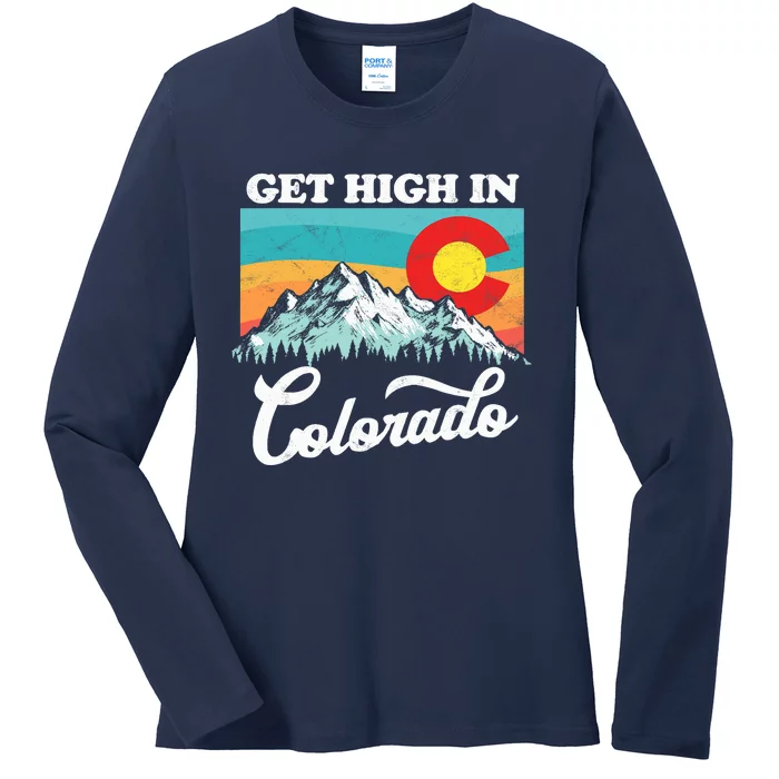 Get High In Colorado Retro State Flag Mountains Graphic Ladies Long Sleeve Shirt