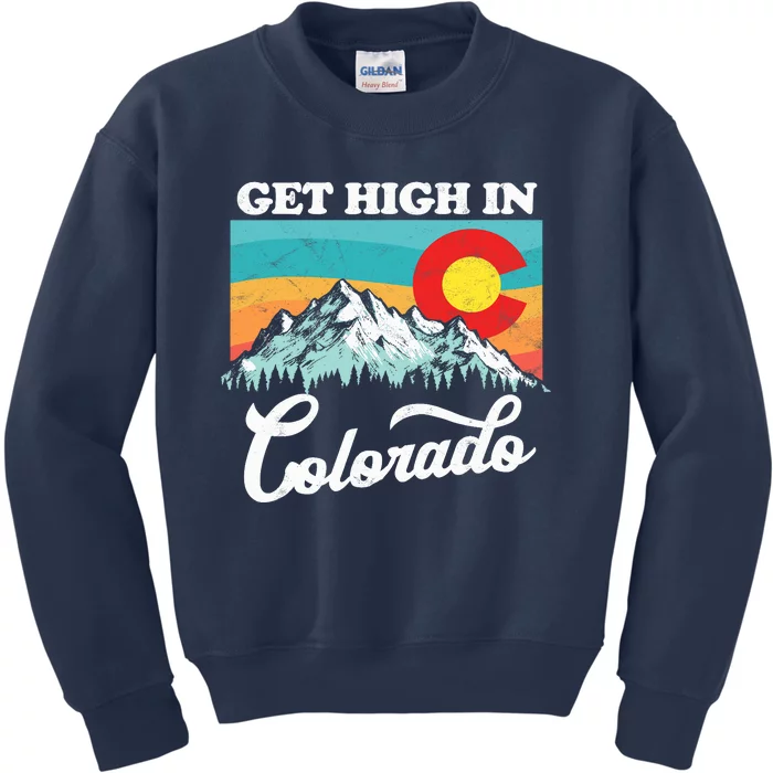 Get High In Colorado Retro State Flag Mountains Graphic Kids Sweatshirt