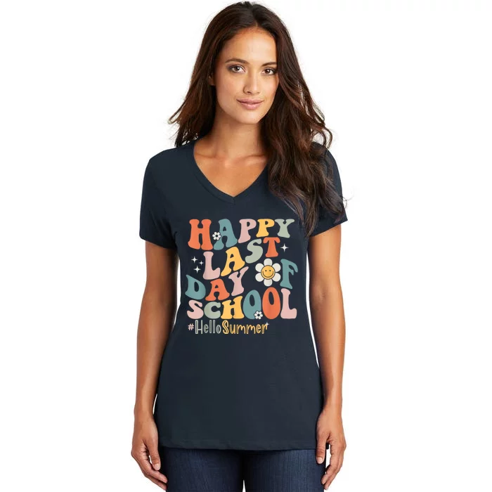 Groovy Happy Last Day Of School Teacher Student Hello Summer Women's V-Neck T-Shirt