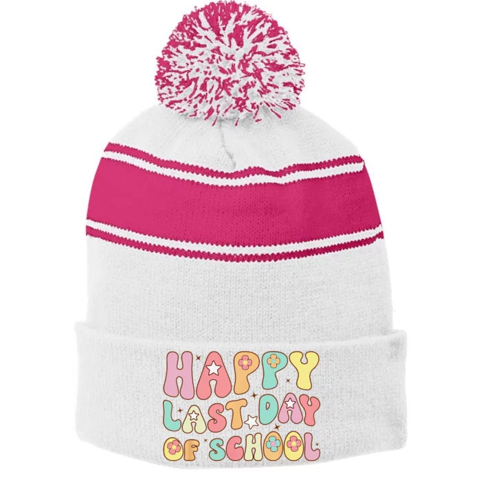 Groovy Happy Last Day of School Teacher Student Graduation Stripe Pom Pom Beanie