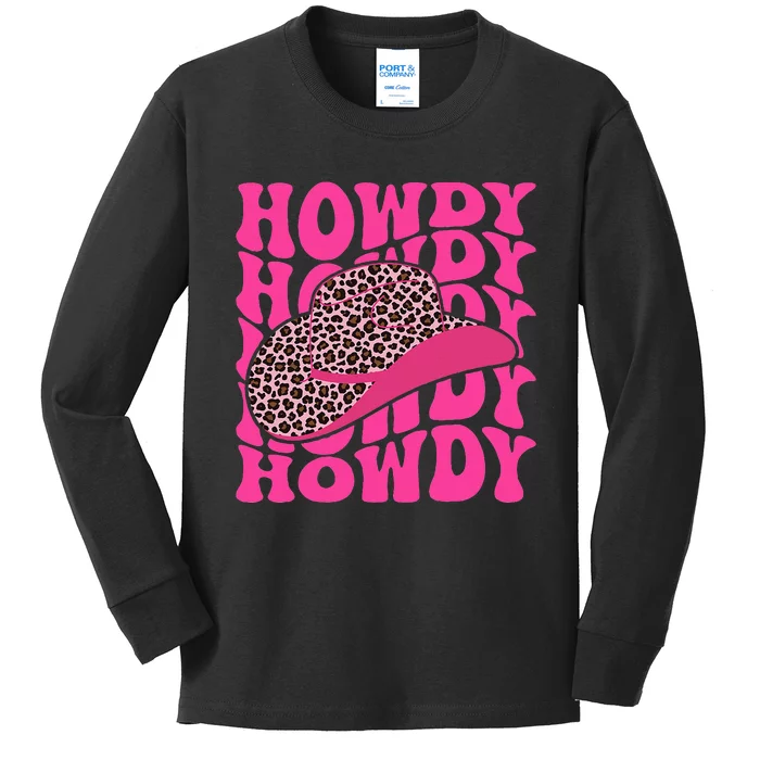 Groovy Howdy Leopard Hat Western Country Cute Cowgirl Kids Long Sleeve Shirt