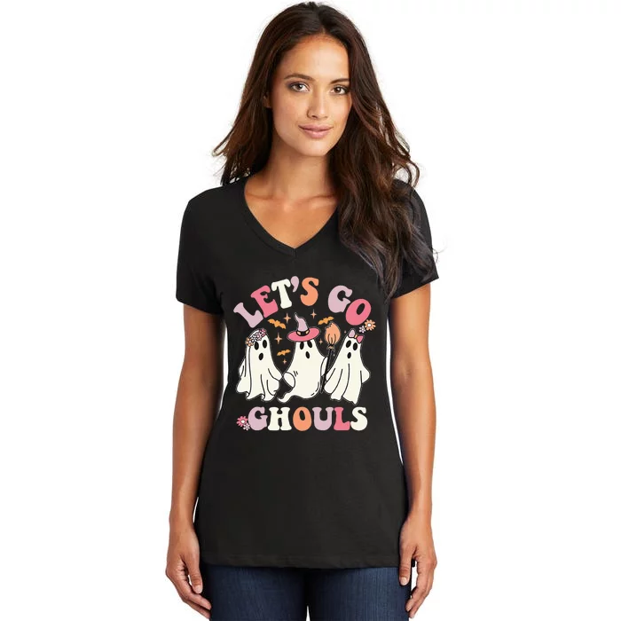 Groovy Halloween Let's Go Ghouls Retro Floral Ghost Costume Women's V-Neck T-Shirt