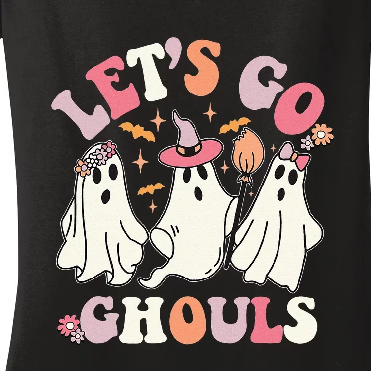 Groovy Halloween Let's Go Ghouls Retro Floral Ghost Costume Women's V-Neck T-Shirt