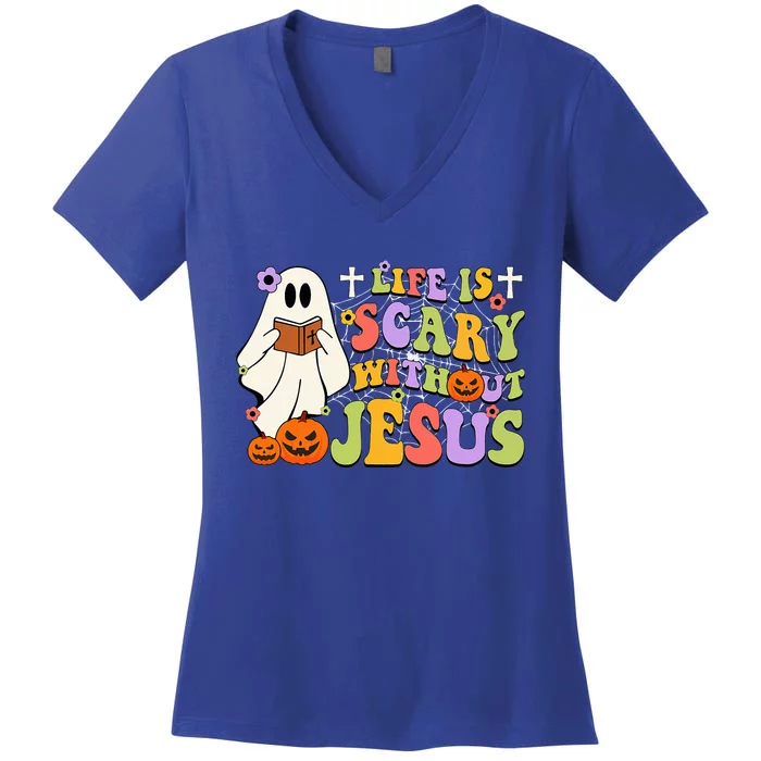 Groovy Halloween Life Is Scary Without Jesus Christian Lover Women's V-Neck T-Shirt