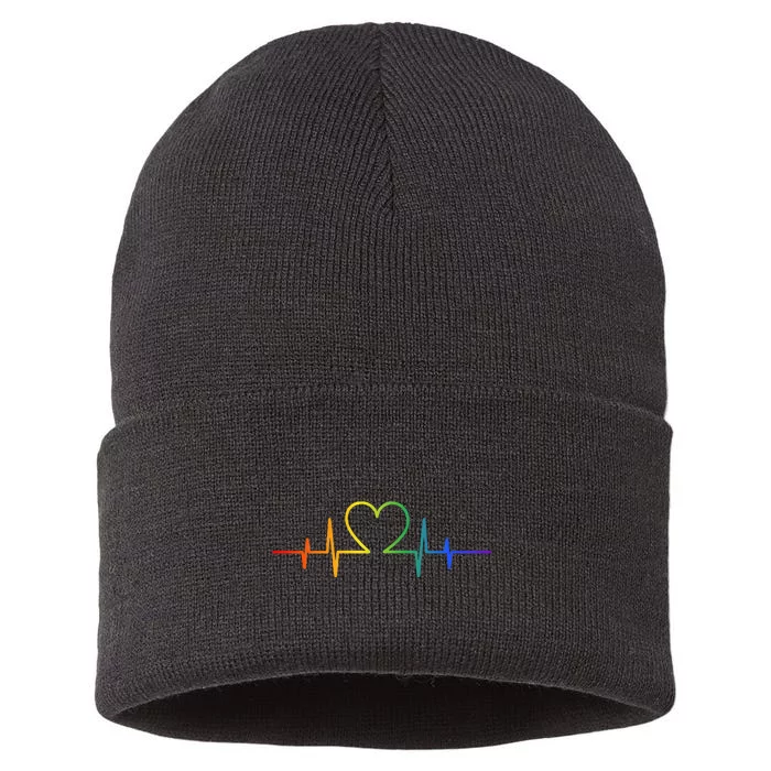 Gay Heartbeat LGBT Pride Rainbow Flag LGBTQ Cool Les Ally Sustainable Knit Beanie