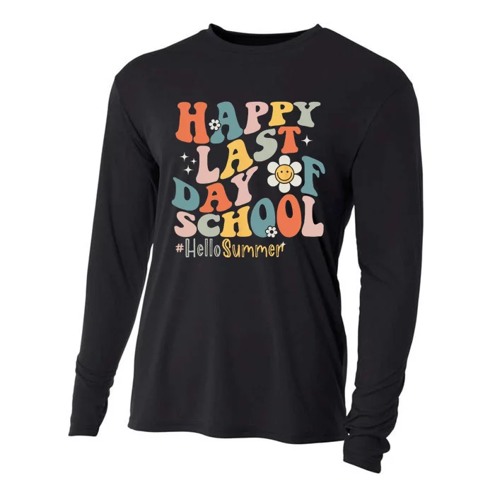 Groovy Happy Last Day of School Teacher Student Hello Summer Cooling Performance Long Sleeve Crew