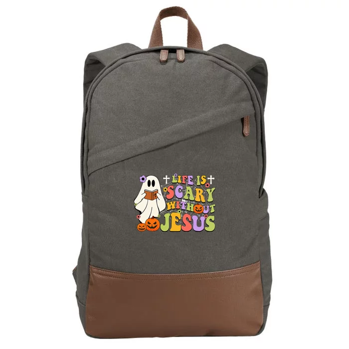 Groovy Halloween Life Is Scary Without Jesus Christian Lover Cotton Canvas Backpack