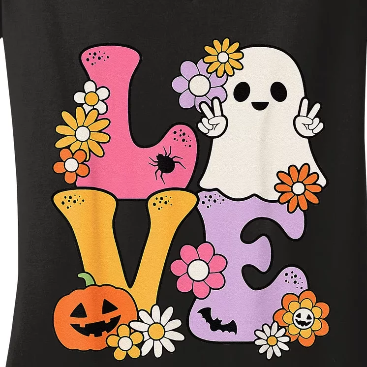 Groovy Halloween Love Costume Ghost Pumpkin Women's V-Neck T-Shirt