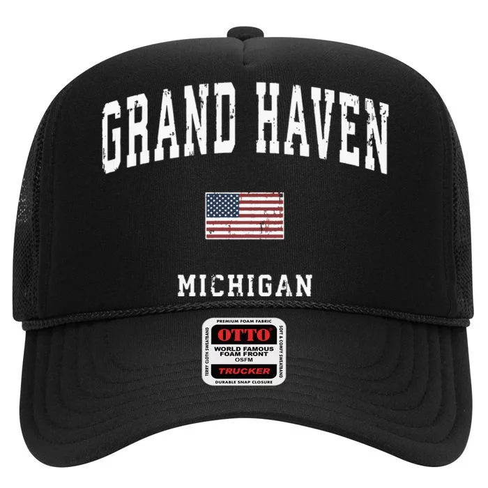 Grand Haven Michigan Mi Vintage American Flag Sports Design High Crown Mesh Trucker Hat