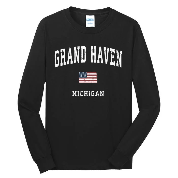 Grand Haven Michigan Mi Vintage American Flag Sports Design Tall Long Sleeve T-Shirt