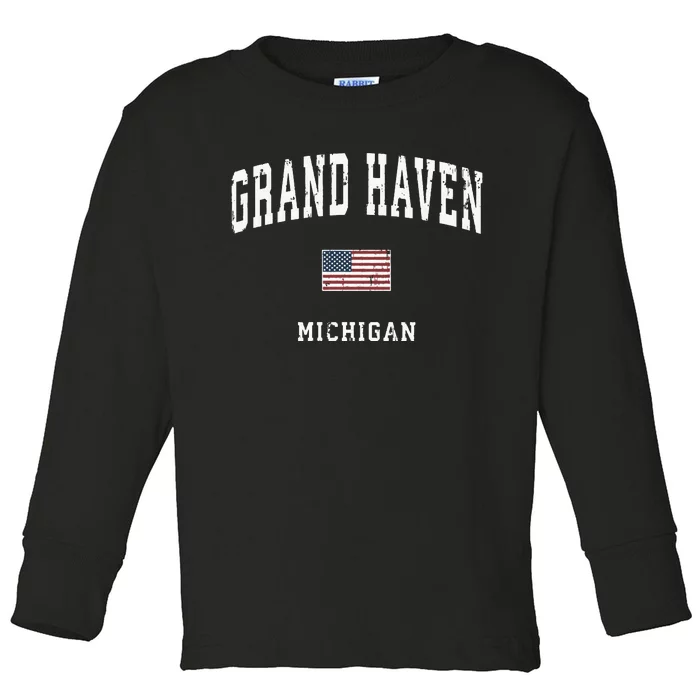 Grand Haven Michigan Mi Vintage American Flag Sports Design Toddler Long Sleeve Shirt