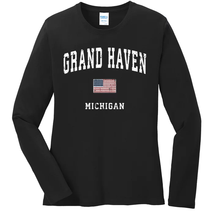 Grand Haven Michigan Mi Vintage American Flag Sports Design Ladies Long Sleeve Shirt