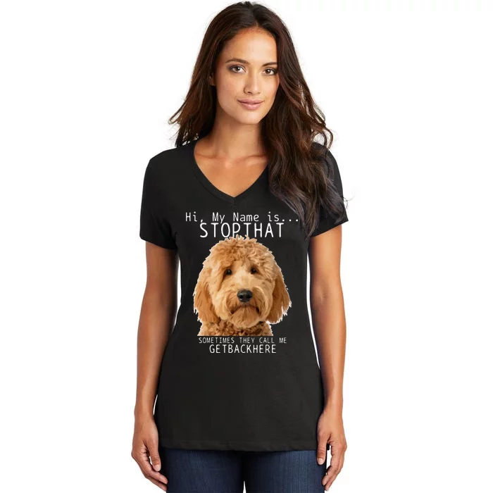 Goldendoodle Hi My Name Is Stop That Funny Dog Doodle Mom Women's V-Neck T-Shirt