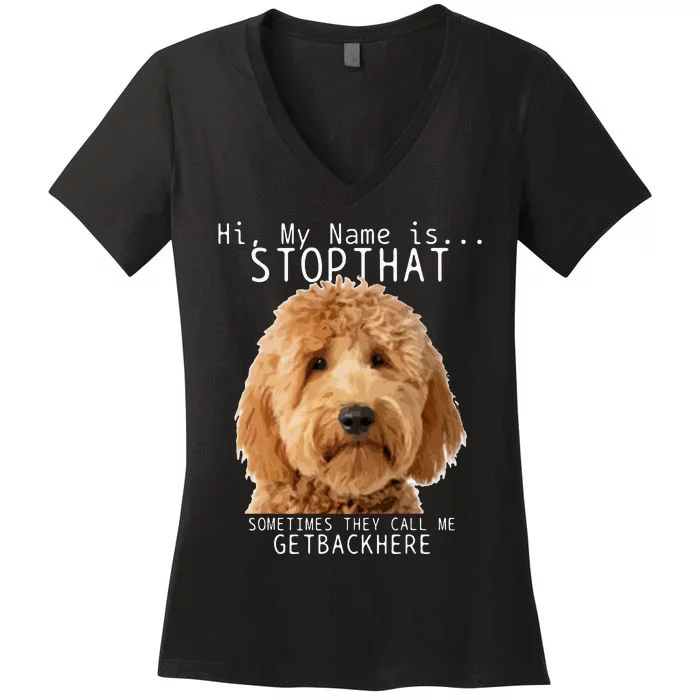 Goldendoodle Hi My Name Is Stop That Funny Dog Doodle Mom Women's V-Neck T-Shirt