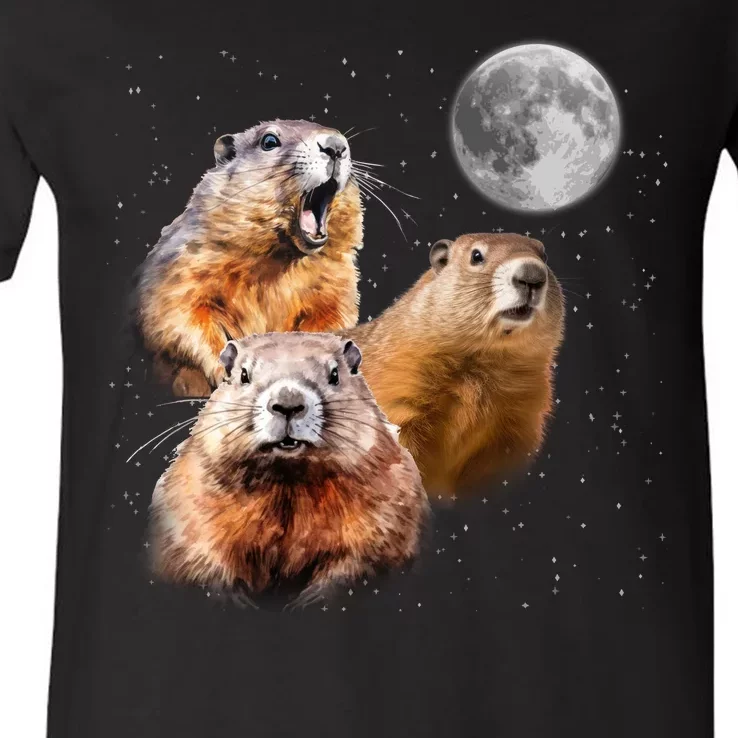 Groundhog Head Moon Funny Groundhog Day V-Neck T-Shirt