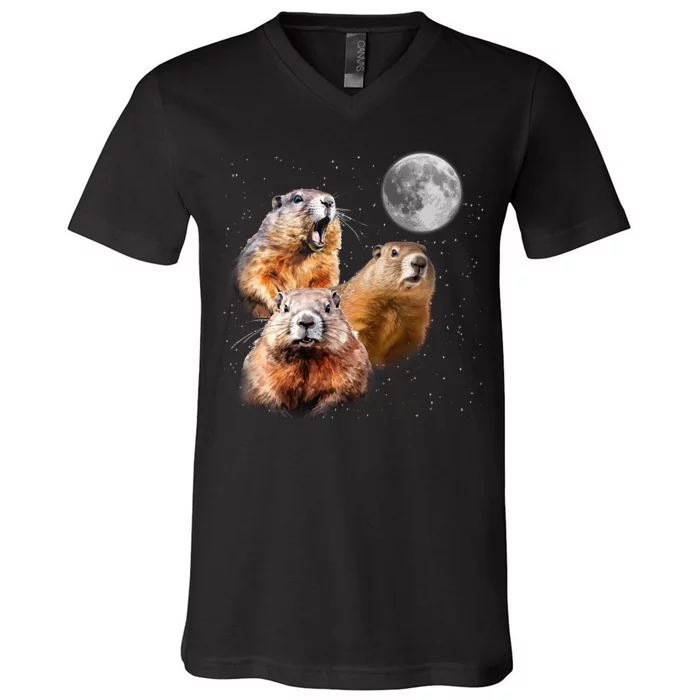 Groundhog Head Moon Funny Groundhog Day V-Neck T-Shirt