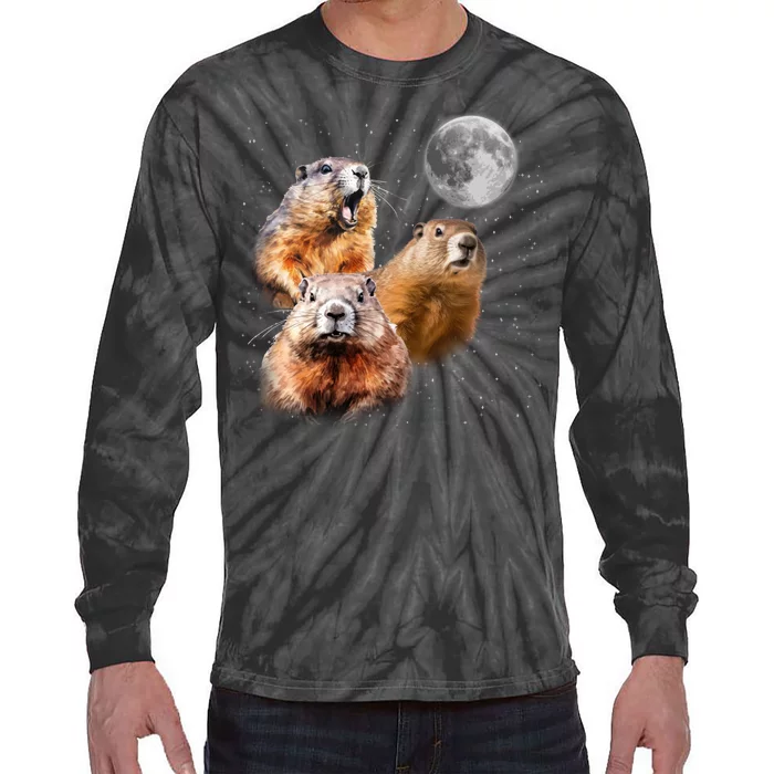 Groundhog Head Moon Funny Groundhog Day Tie-Dye Long Sleeve Shirt