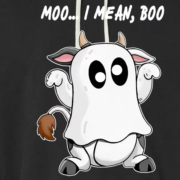 Ghost Cow Moo I Mean Bo Funny Halloween Garment-Dyed Fleece Hoodie