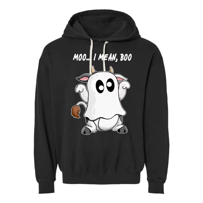 Ghost Cow Moo I Mean Bo Funny Halloween Garment-Dyed Fleece Hoodie