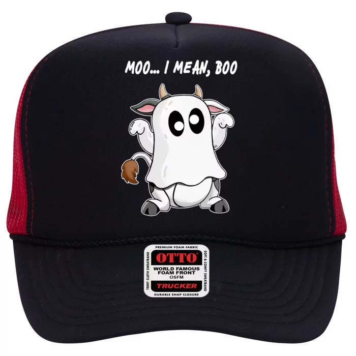 Ghost Cow Moo I Mean Bo Funny Halloween High Crown Mesh Trucker Hat