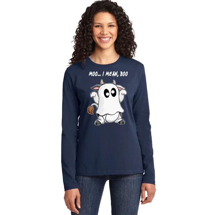 Ghost Cow Moo I Mean Bo Funny Halloween Ladies Long Sleeve Shirt