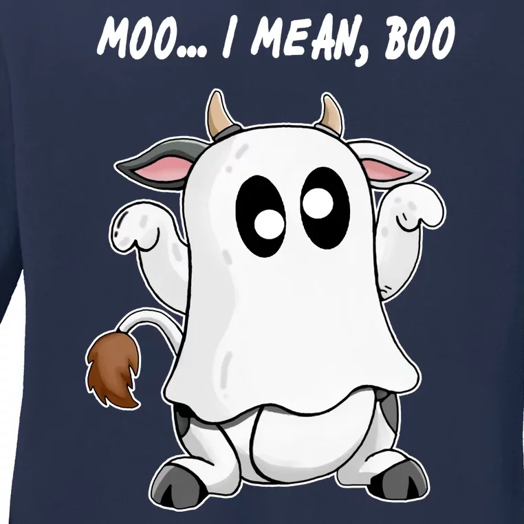 Ghost Cow Moo I Mean Bo Funny Halloween Ladies Long Sleeve Shirt