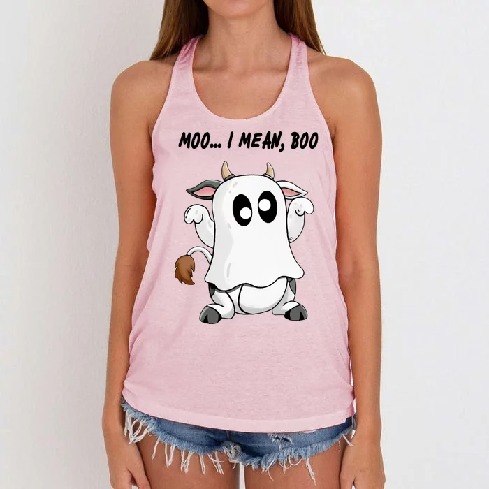 Ghost Cow Moo I Mean Bo Funny Halloween Women's Knotted Racerback Tank