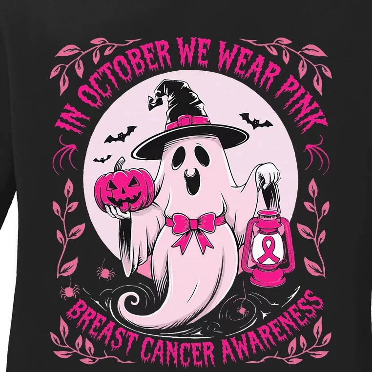 Ghost Halloween Pumpkins Breast Cancer Ladies Long Sleeve Shirt