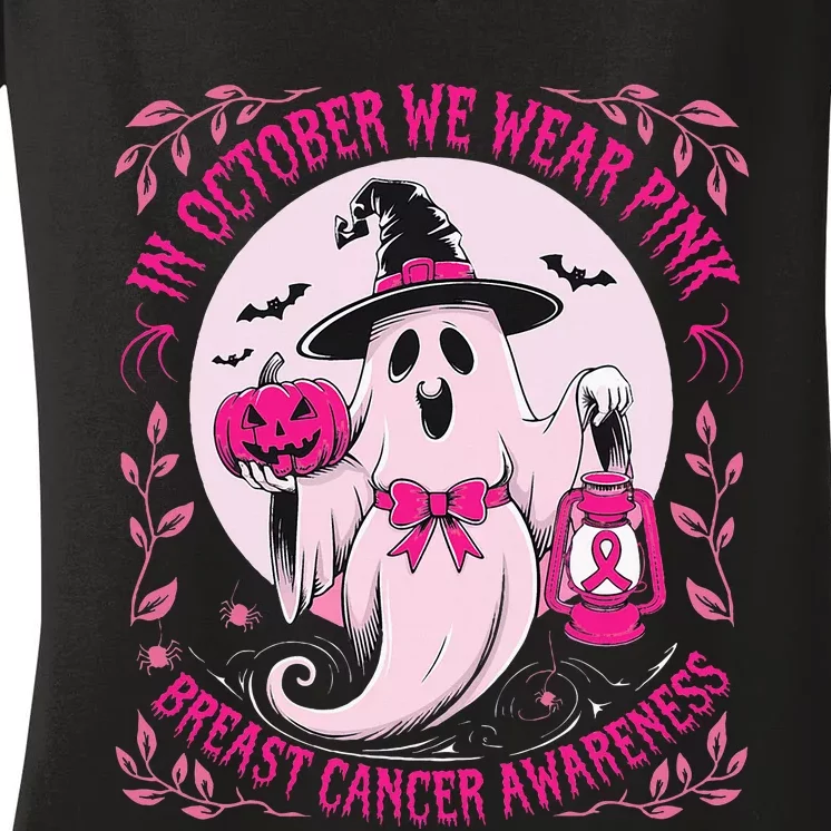 Ghost Halloween Pumpkins Breast Cancer Women's V-Neck T-Shirt