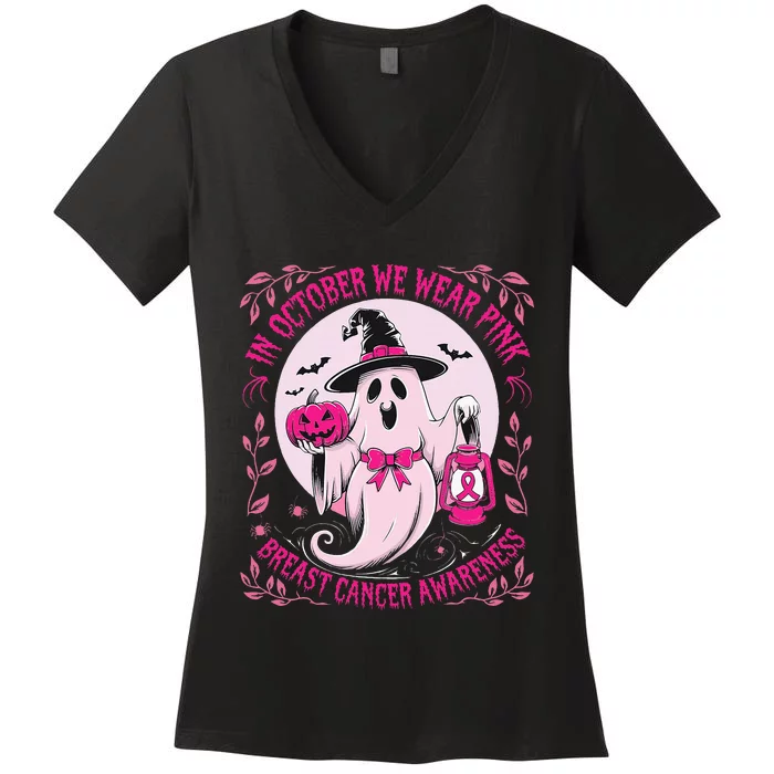 Ghost Halloween Pumpkins Breast Cancer Women's V-Neck T-Shirt