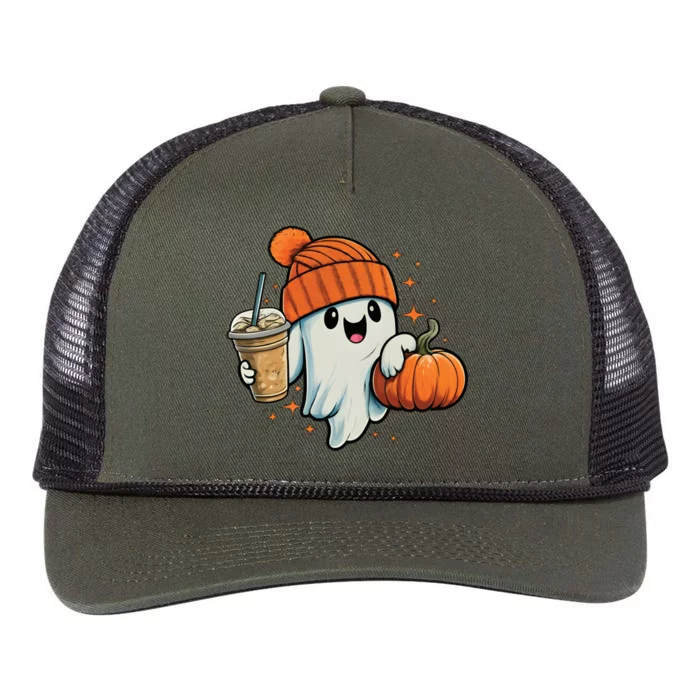 Ghost Hold Pumpkin Ing Coffee Halloween Iced Coffee Gift Retro Rope Trucker Hat Cap