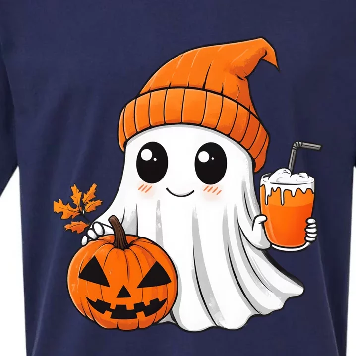 Ghost Holding Pumpkin Coffee Cup Halloween Trick Or Treat Gift Sueded Cloud Jersey T-Shirt