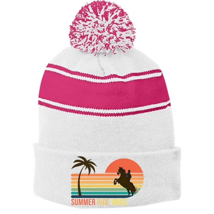 Girl Horse Riding Vintage Cowgirl Ranch Summer Ride Vibes Stripe Pom Pom Beanie