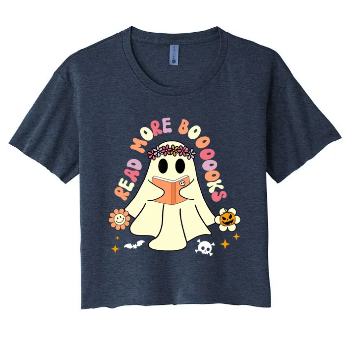 Groovy Halloween Read More Books Retro Floral Ghost Teacher Women's Crop Top Tee