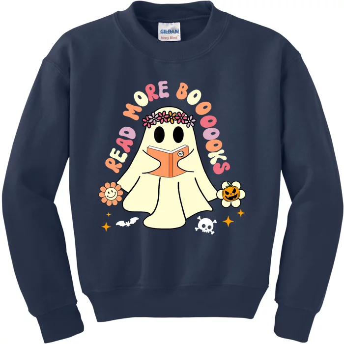 Groovy Halloween Read More Books Retro Floral Ghost Teacher Kids Sweatshirt