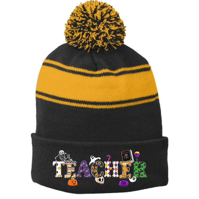 Groovy Halloween Retro Teacher Life Stripe Pom Pom Beanie