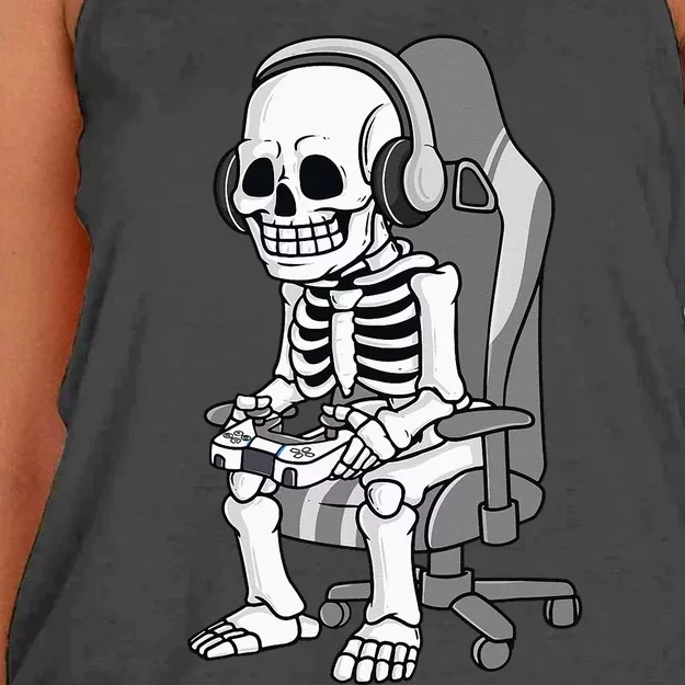 Gaming Halloween Skeleton Scary Gamer Women's Knotted Racerback Tank